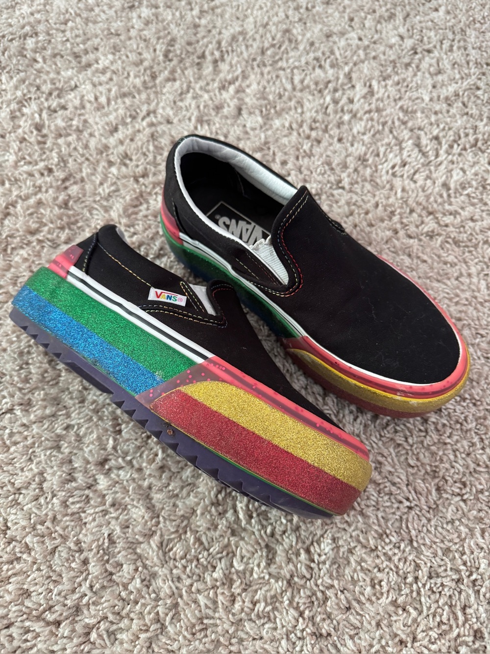 Vans Classic Slip-On Stacked Platform Rainbow Glitter Shoes Women's  5.5